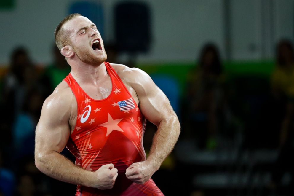 PHOTO: United States' Kyle Frederick Snyder reacts after defeating Georgia's Elizbar Odikadze during the men's 97-kg freestyle wrestling competition at the 2016 Summer Olympics in Rio de Janeiro, Brazil, Sunday, Aug. 21, 2016.