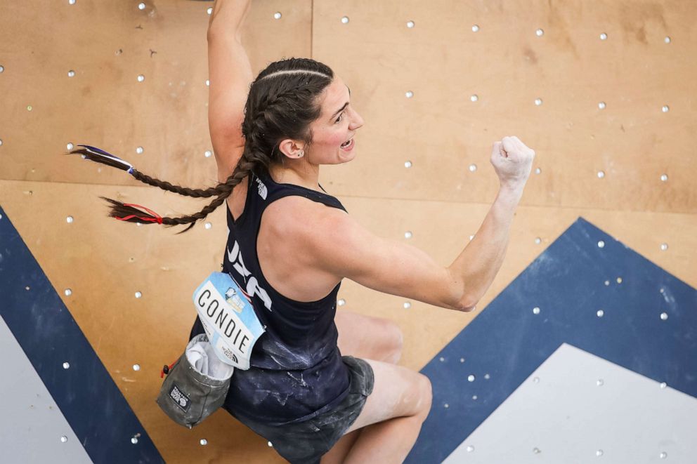 PHOTO: Kyra Condie celebrates during the semi-finals of the IFSC Climbing World Cup at Industry SLC on May 30, 2021, in Salt Lake City.