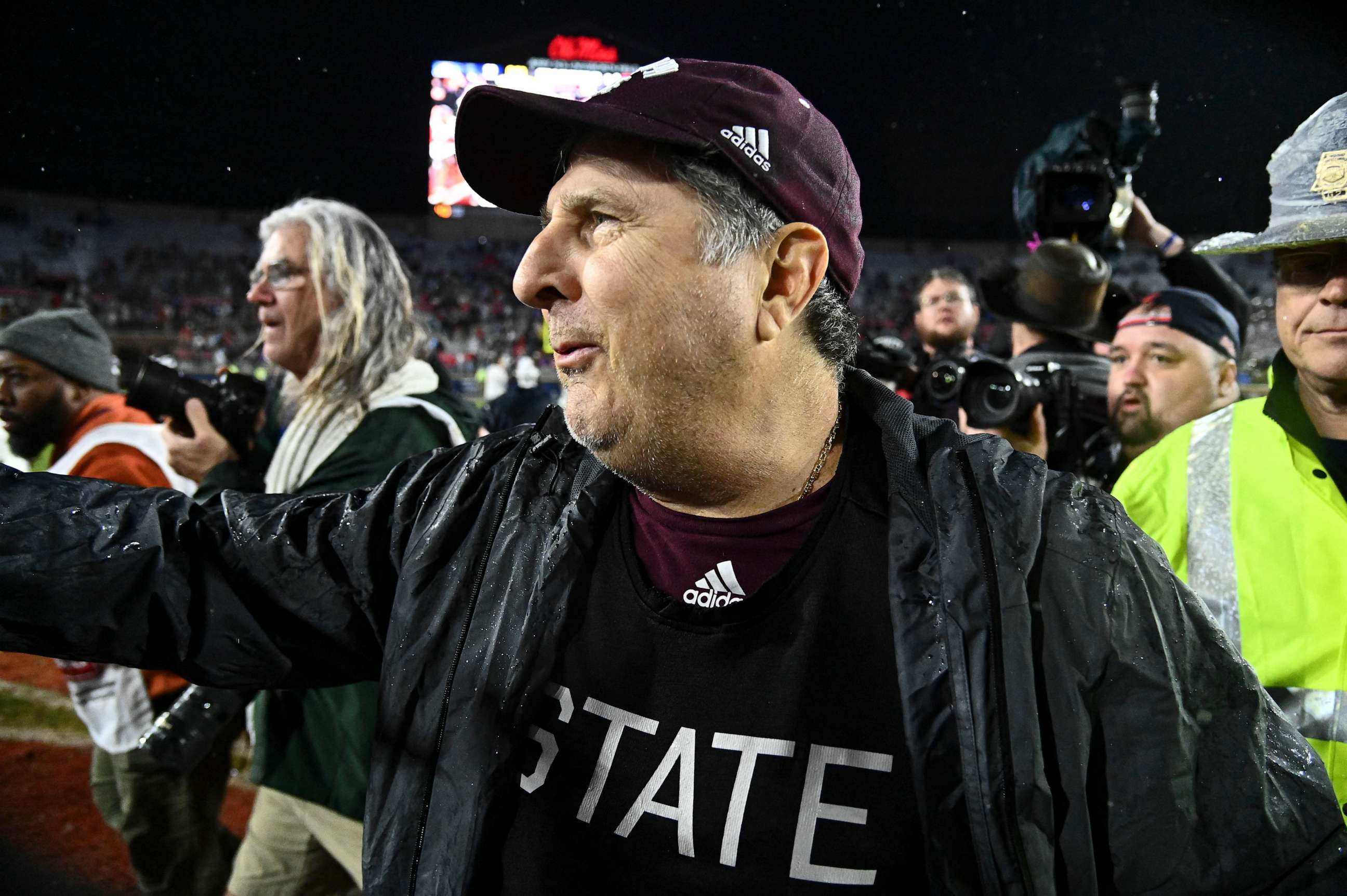PHOTO: Mississippi State Bulldogs head coach Mike Leach walks onto the field after the game against the Ole Miss Rebels at Vaught-Hemingway Stadium, Nov. 24, 2022.