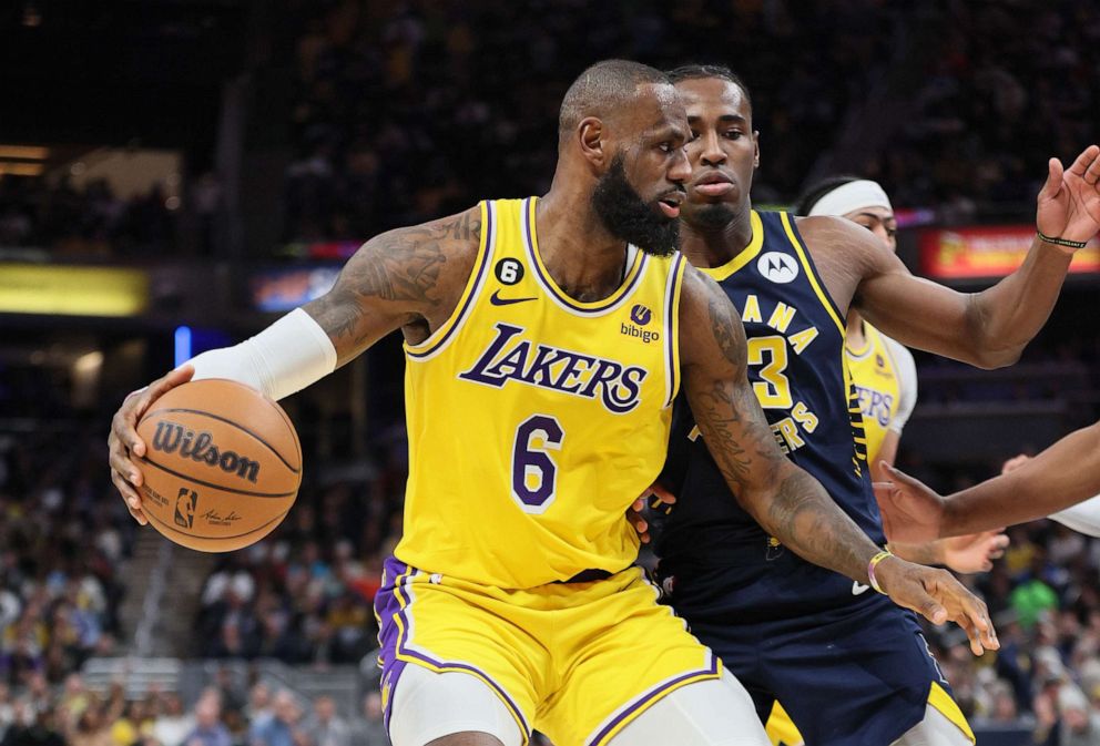 PHOTO: LeBron James of the Los Angeles Lakers dribbles the ball against the Indiana Pacers at Gainbridge Fieldhouse on Feb. 2, 2023, in Indianapolis.