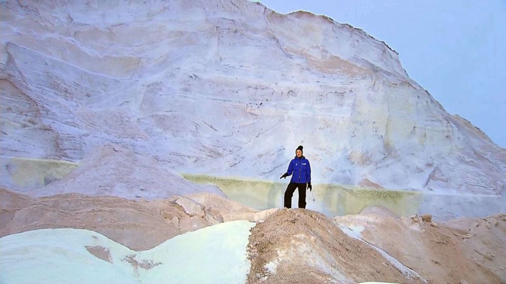 PHOTO: ABC News' Linzie Janis reports from a massive pile of salt in Boston.