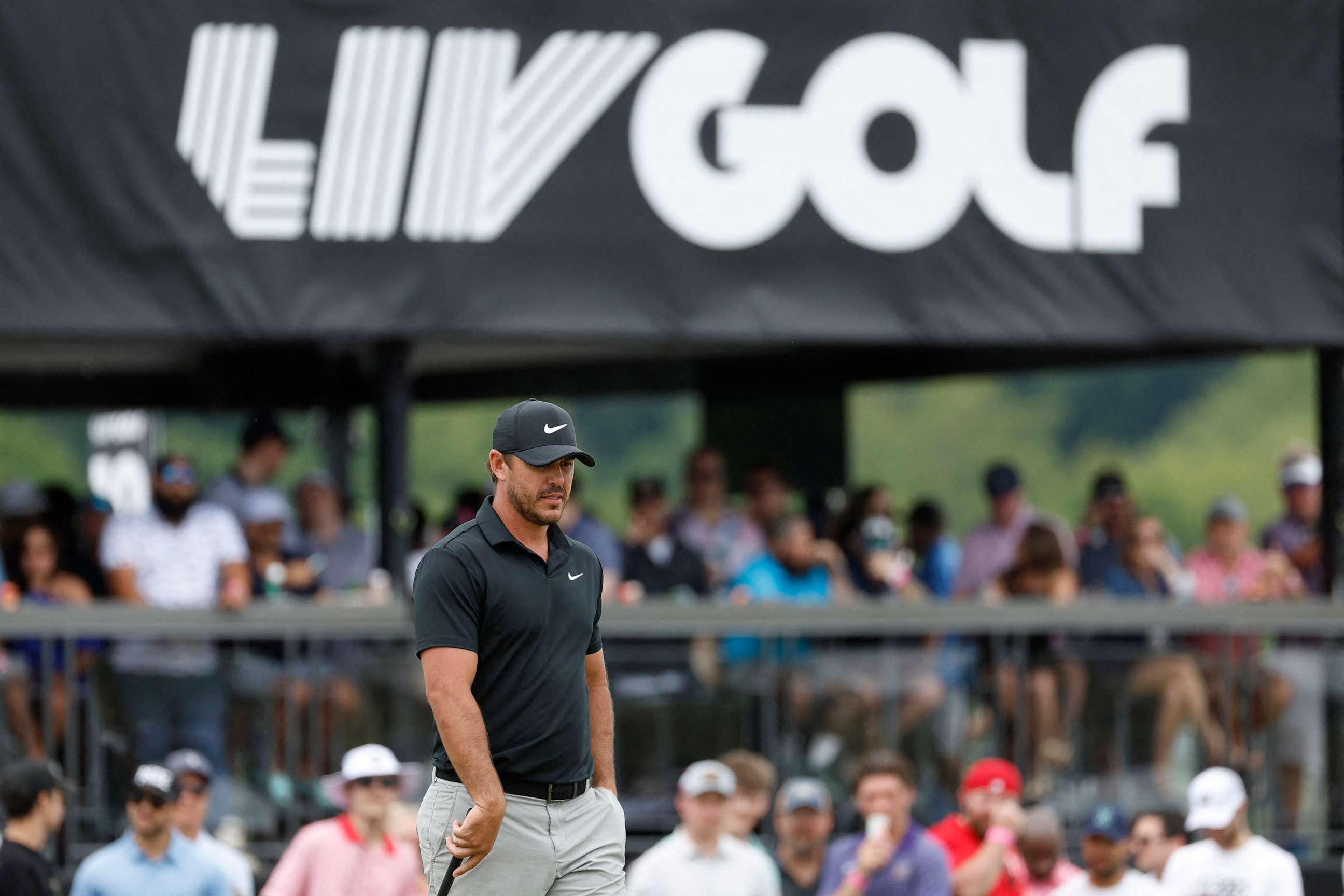 PHOTO: Brooks Koepka watches his putt on the fourth green during the final round of LIV Golf Washington, D.C., golf tournament at Trump National on May 28, 2023, in Potomac Falls, Va.