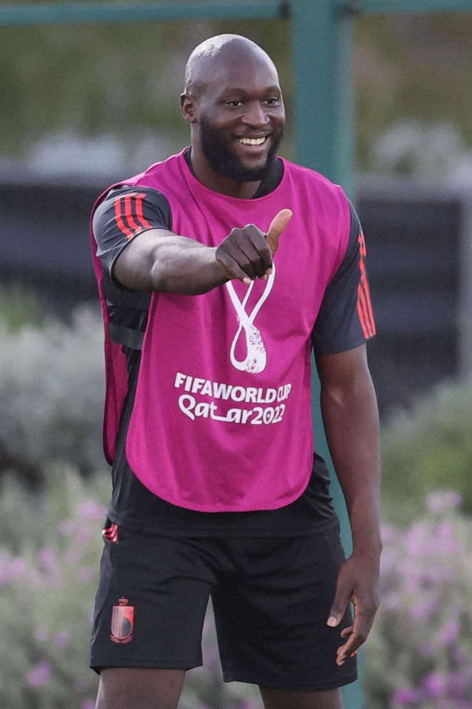 PHOTO: Belgium forward Romelu Lukaku smiles as he takes part in a training session at the Salwa Training Site in Salwa Beach, southwest of Doha on Nov. 30, 2022, on the eve of the Qatar 2022 World Cup football match between Croatia and Belgium.