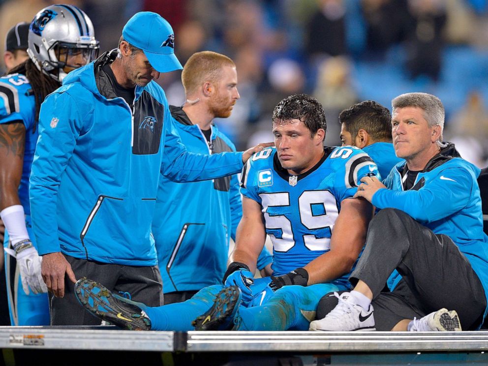 PHOTO: Luke Kuechly is carried off the field after an injury against the New Orleans Saints during the game at Bank of America Stadium in this Nov. 17, 2016 in Charlotte, N.C.