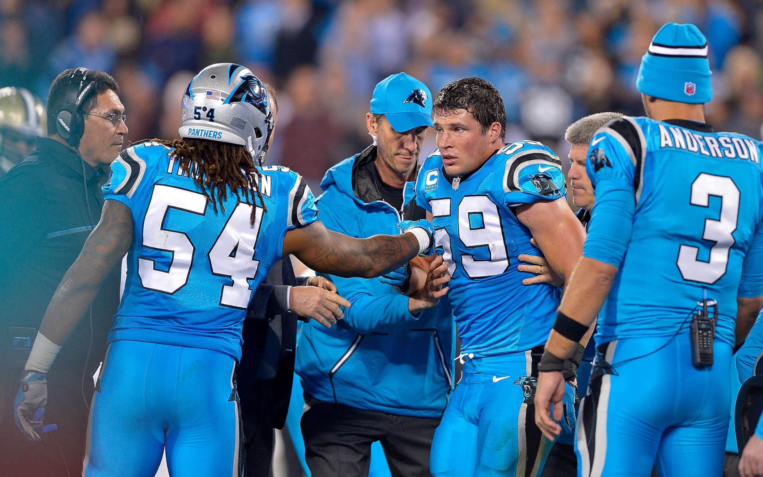PHOTO: Luke Kuechly is carried off the field after an injury against the New Orleans Saints during the game at Bank of America Stadium in this Nov. 17, 2016 file photo in Charlotte, N.C.