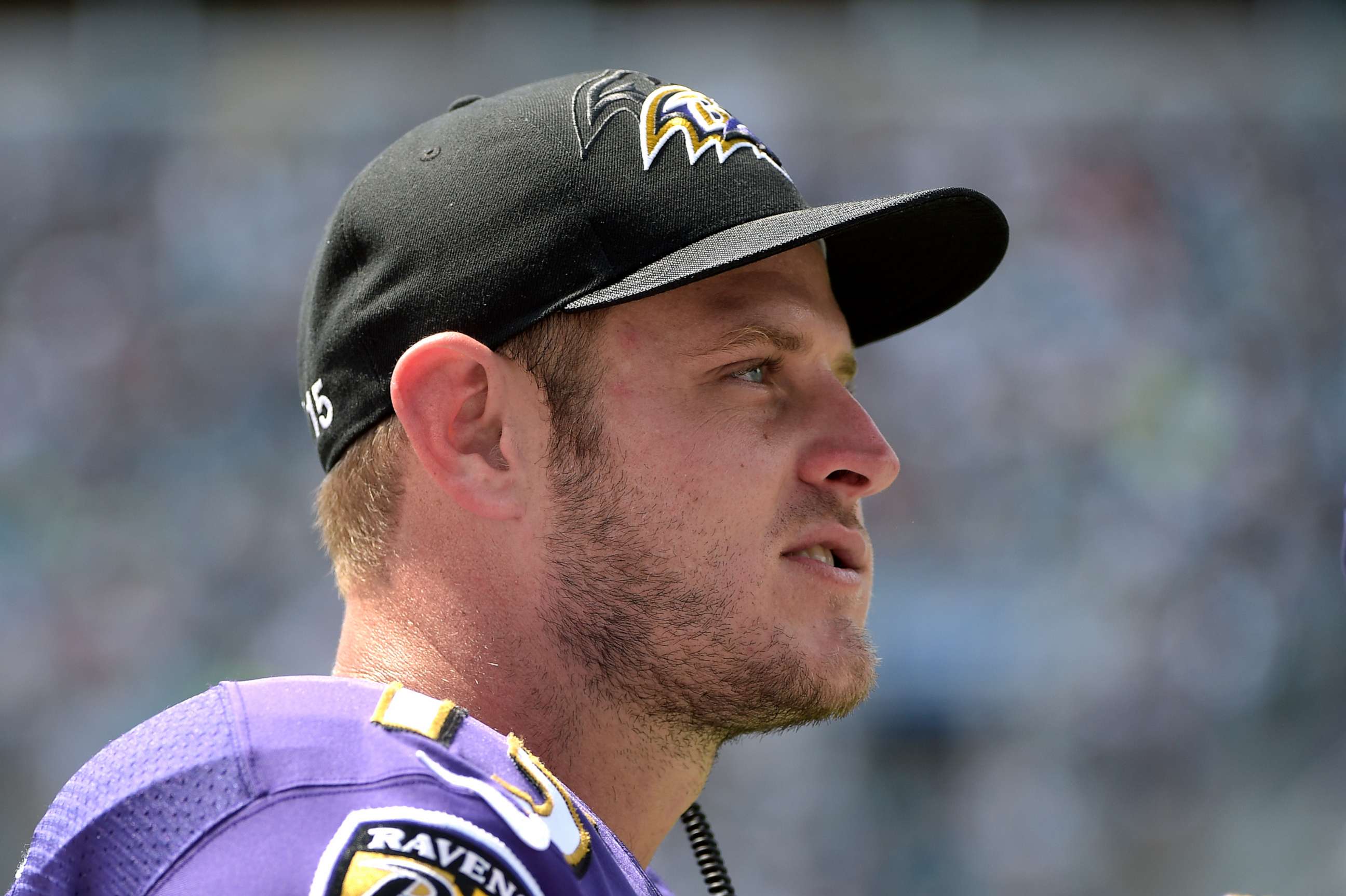 PHOTO: FILE - Baltimore Ravens quarterback Ryan Mallett watches from the sideline during the first half of the team's NFL football game against the Jacksonville Jaguars in Jacksonville, Fla., Sept. 25, 2016.