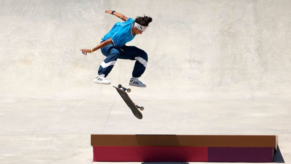 PHOTO: Mariah Duran of the United States practices on the skateboard street course ahead of the Tokyo 2020 Olympic Games on July 21, 2021, in Tokyo.