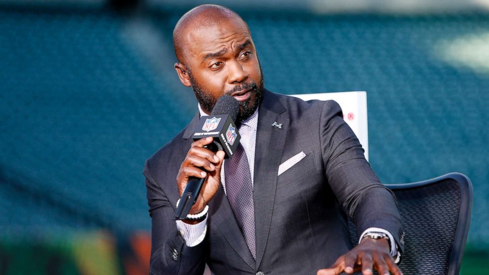 PHOTO: NFL analyst Marshall Faulk speaks during a pre-game show before an NFL football game between the Cincinnati Bengals and the Houston Texans, Sept. 14, 2017, in Cincinnati.