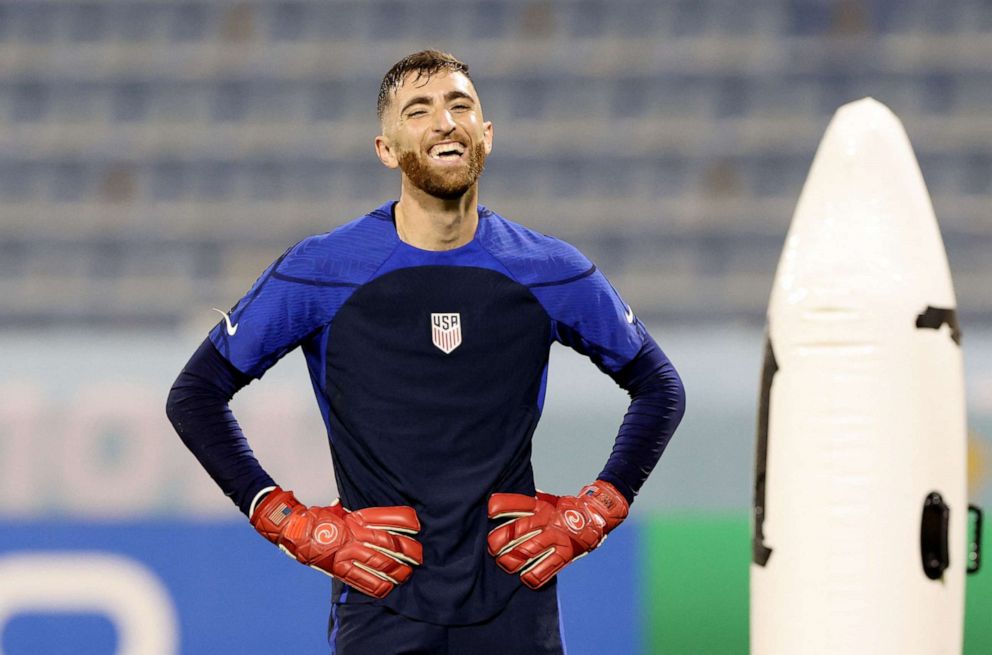 PHOTO: Matt Turner of the U.S. trains for the team's World Cup knockout match against the Netherlands, Dec. 2, 2022. 