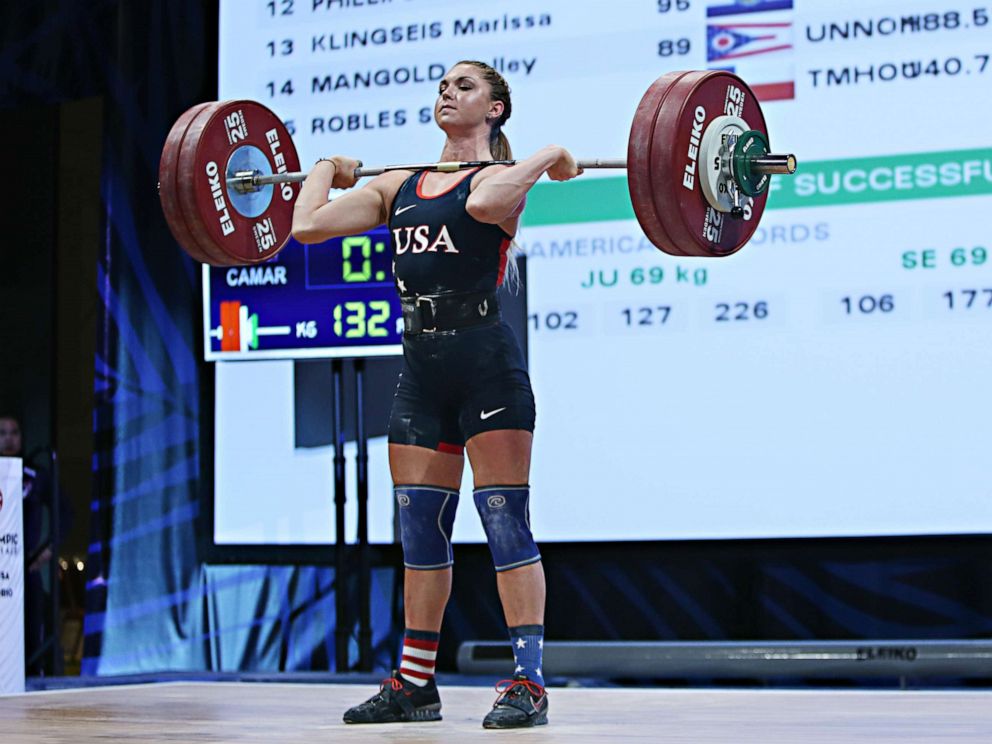 PHOTO: Mattie Rogers competes in the  women's 69kg clean and jerk weight class at the USA Olympic Team Trials for weightlifting at the Calvin L. Rampton Convention Center on May 8, 2016, in Salt Lake City, Utah.