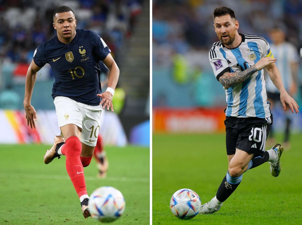 PHOTO : Cette combinaison de photos d'archives créée le 16 décembre 2022 montre l'attaquant français Kylian Mbappe à Al-Wakrah, au sud de Doha, le 22 novembre 2022 ;  et l'attaquant argentin Lionel Messi à Al-Rayyan, à l'ouest de Doha, le 3 décembre 2022.