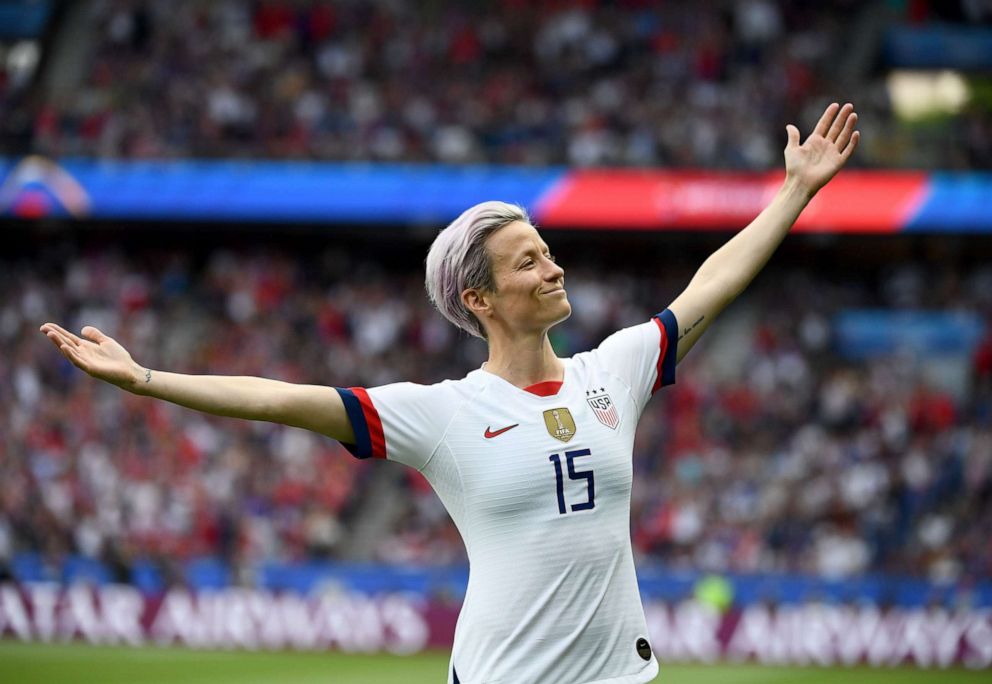 PHOTO: United States forward Megan Rapinoe celebrates scoring her team's first goal during the France 2019 Women's World Cup quarterfinal football match between France and United States, on June 28, 2019, at the Parc des Princes stadium in Paris.