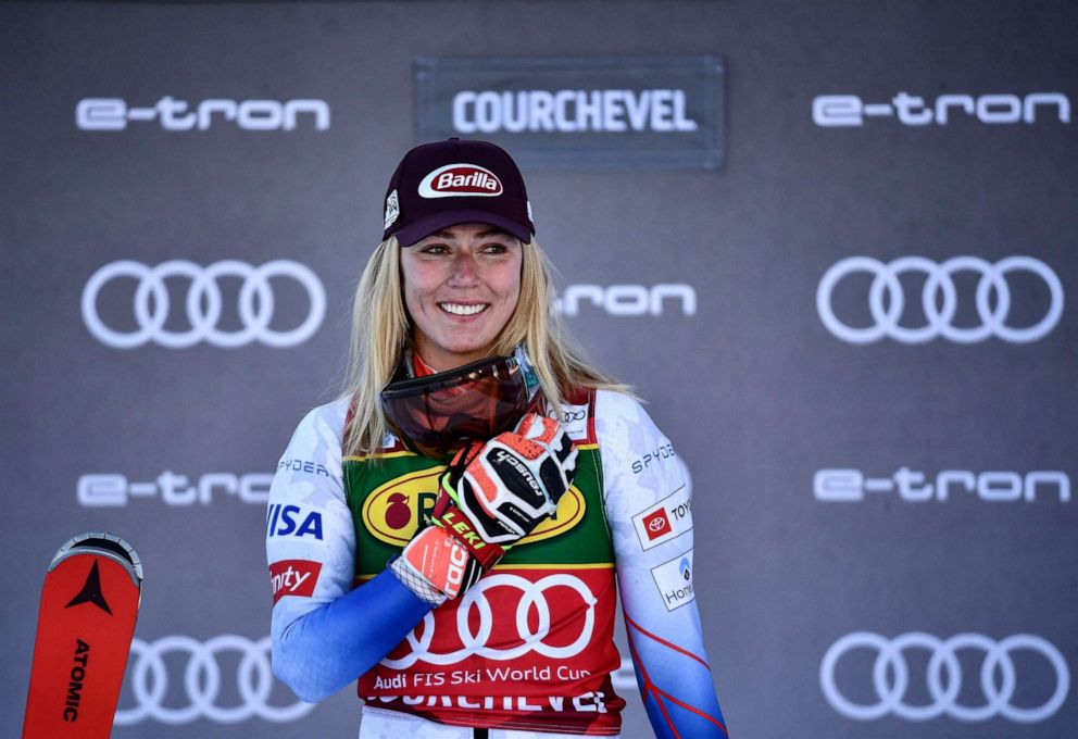 PHOTO: In this file photo taken on Dec. 21, 2021, winner Mikaela Shiffrin of the U.S. celebrates on the podium after the women's FIS Ski World Cup Giant Slalom event in Courchevel, France.