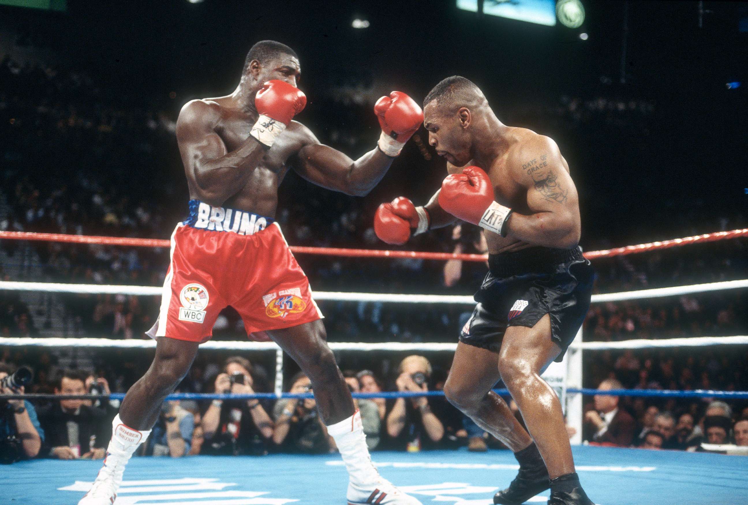 PHOTO: In this March 16, 1996, file photo, Mike Tyson and Frank Bruno fight for the WBC Heavyweight title at the MGM Grand Garden Arena in Las Vegas. Tyson won the fight with a 5th round TKO.
