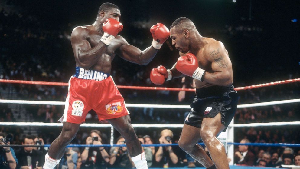 PHOTO: In this March 16, 1996, file photo, Mike Tyson and Frank Bruno fight for the WBC Heavyweight title at the MGM Grand Garden Arena in Las Vegas. Tyson won the fight with a 5th round TKO.