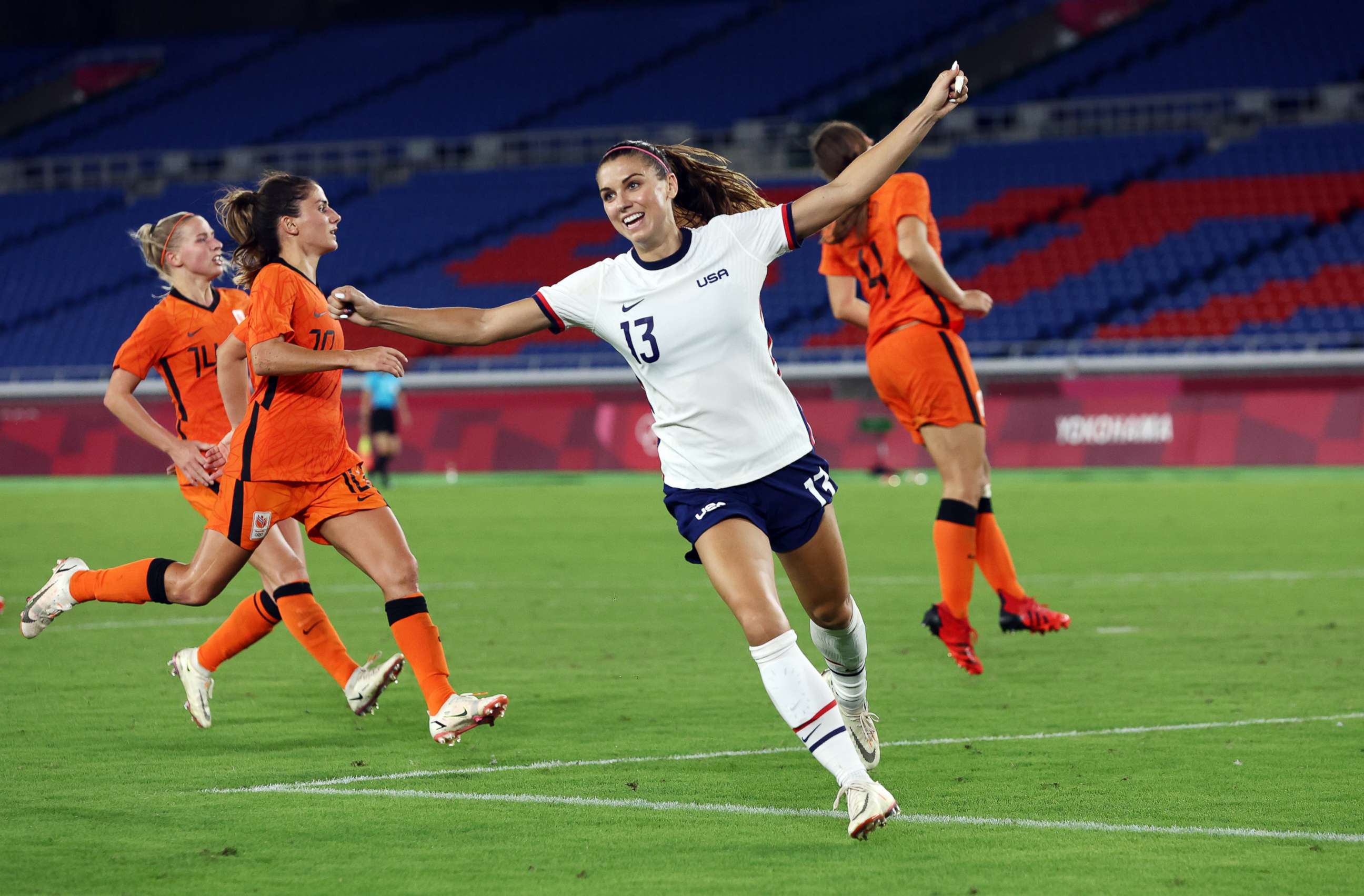 PHOTO: Alex Morgan of the United States celebrates scoring a goal before it is disallowed, during a quarterfinal match against the Netherlands, July 30, 2021, at the Tokyo Olympics, in Yokohama, Japan.