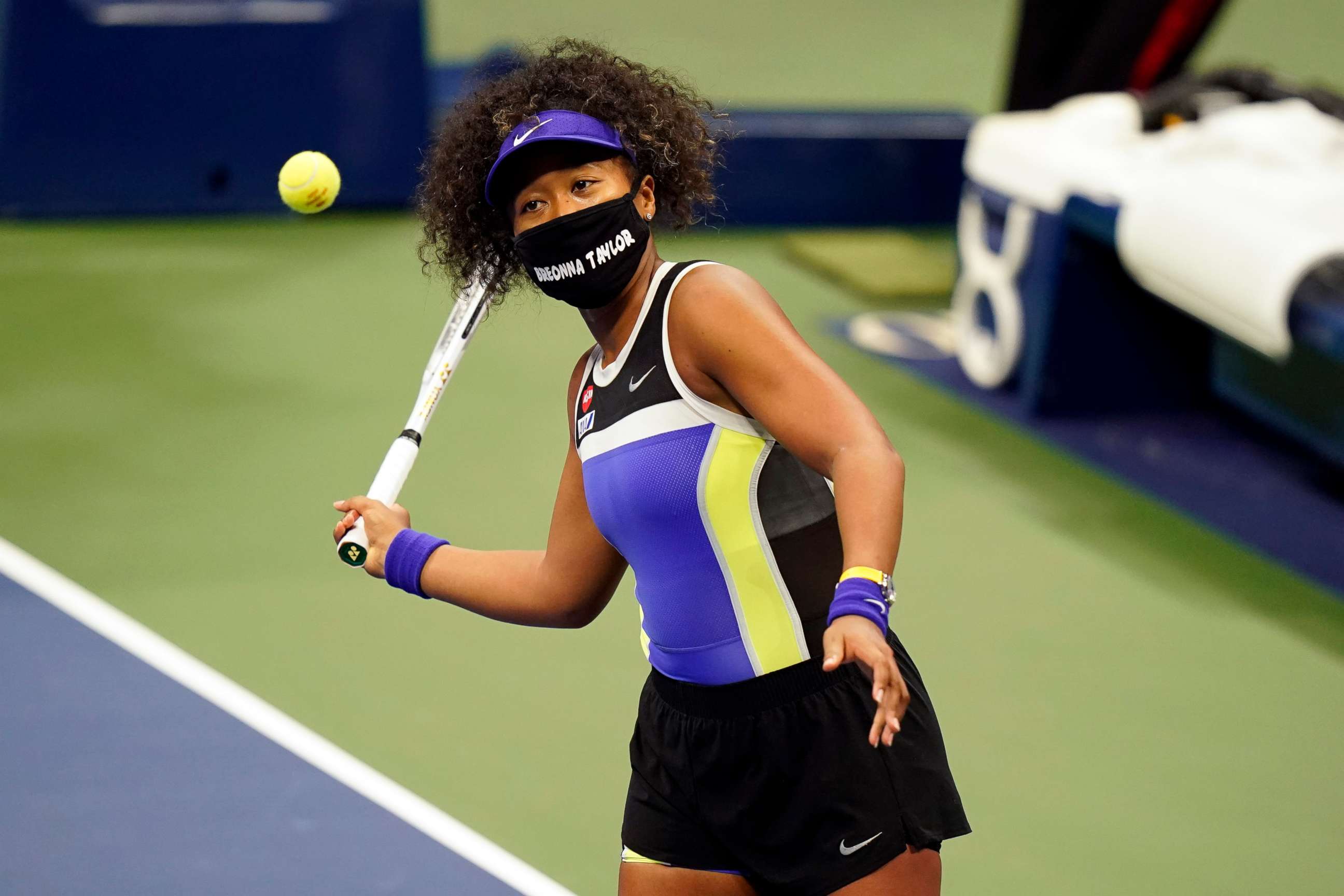 PHOTO: Naomi Osaka wears a mask in honor of Breonna Taylor as she celebrates victory during the first round of the US Open tennis championships in New York, Aug. 31, 2020.
