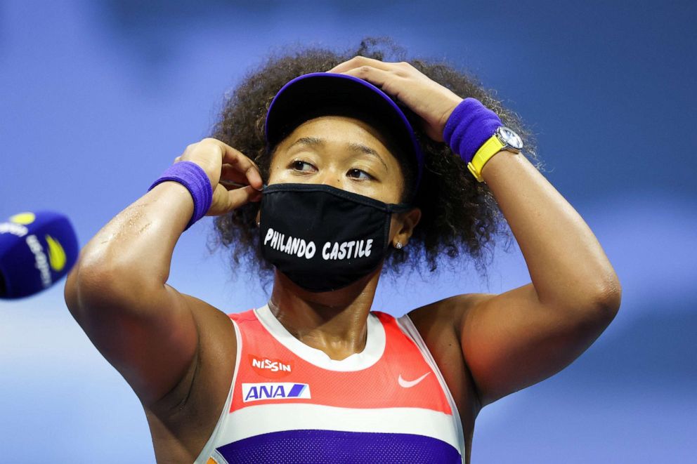 PHOTO: Naomi Osaka speaks while wearing a face mask bearing the name of Philandro Castile after winning her Women's Singles semifinal match on Day Eleven of the 2020 US Open in New York, Sept. 10, 2020.