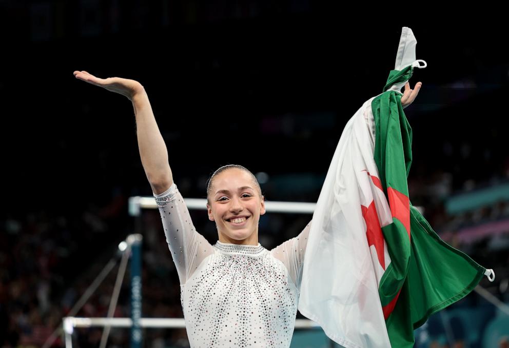 PHOTO: Kaylia Nemour of Team Algeria celebrates winning the gold medal during the artistic gymnastics women's uneven bars final on day nine of the Olympic Games Paris 2024 at Bercy Arena on Aug. 4, 2024, in Paris.