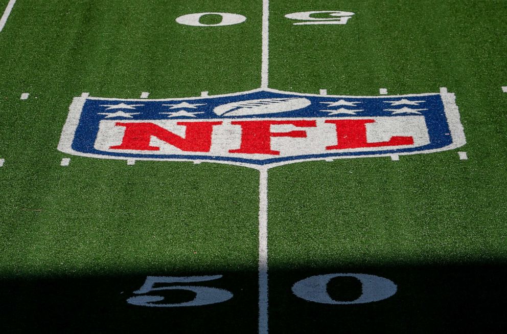 PHOTO: In this Sept. 20, 2020, file photo, a detailed view of the NFL logo is shown at mid field during a regular season game between the New York Jets and the San Francisco 49ers at MetLife Stadium, in East Rutherford, N.J. 