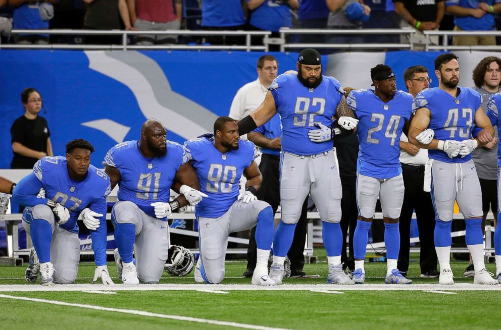 PHOTO: Detroit Lions defensive end Armonty Bryant, defensive tackle A'Shawn Robinson and defensive end Cornelius Washington take a knee during the national anthem before an NFL football game against the Atlanta Falcons, Sept. 24, 2017, in Detroit. 