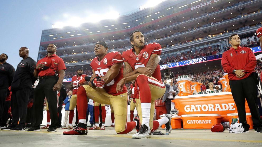 PHOTO: San Francisco 49ers safety Eric Reid (35) and quarterback Colin Kaepernick (7) kneel during the national anthem before an NFL football game against the Los Angeles Rams in Santa Clara, Calif., Sept. 12, 2016. 