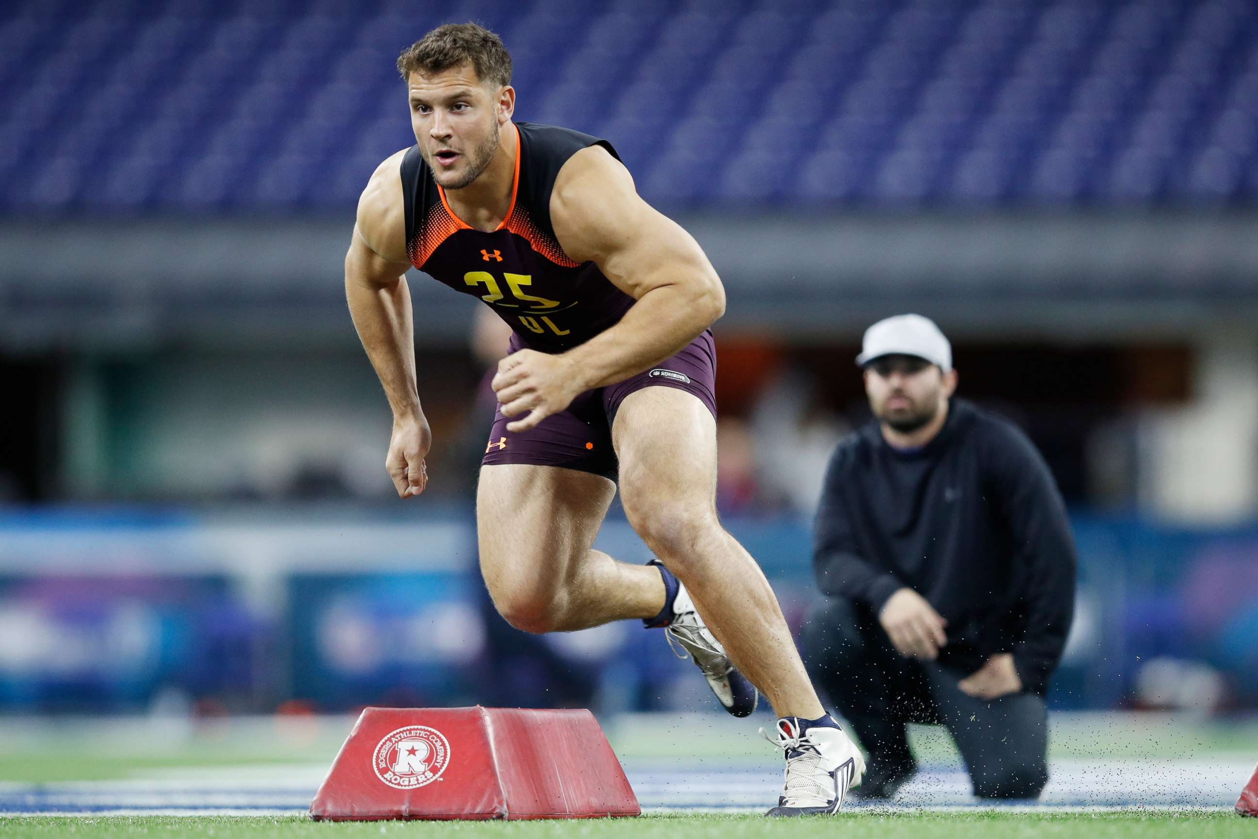 PHOTO: Defensive lineman Nick Bosa of Ohio State works out during day four of the NFL Combine at Lucas Oil Stadium on March 3, 2019, in Indianapolis.