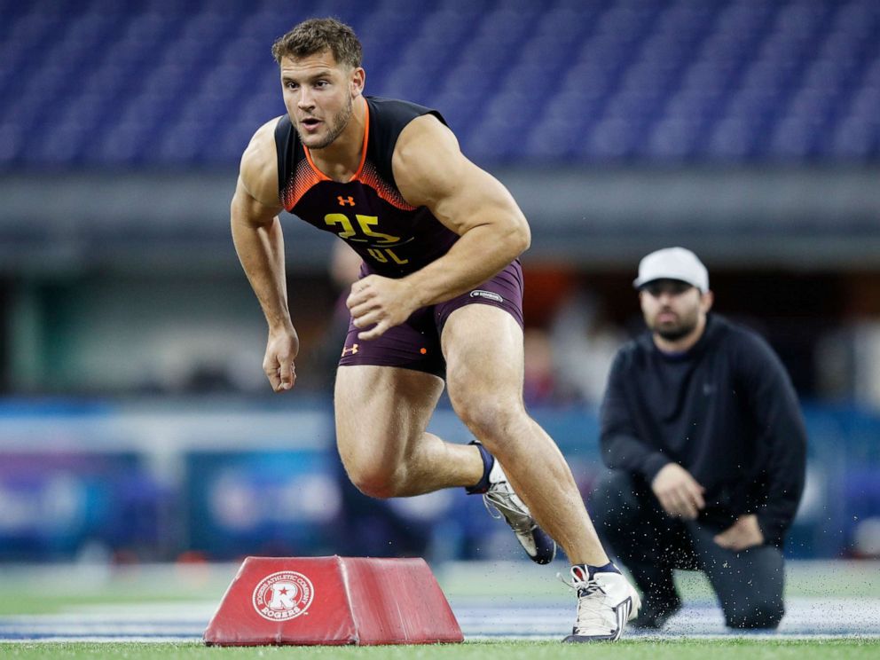 PHOTO: Defensive lineman Nick Bosa of Ohio State works out during day four of the NFL Combine at Lucas Oil Stadium on March 3, 2019, in Indianapolis.