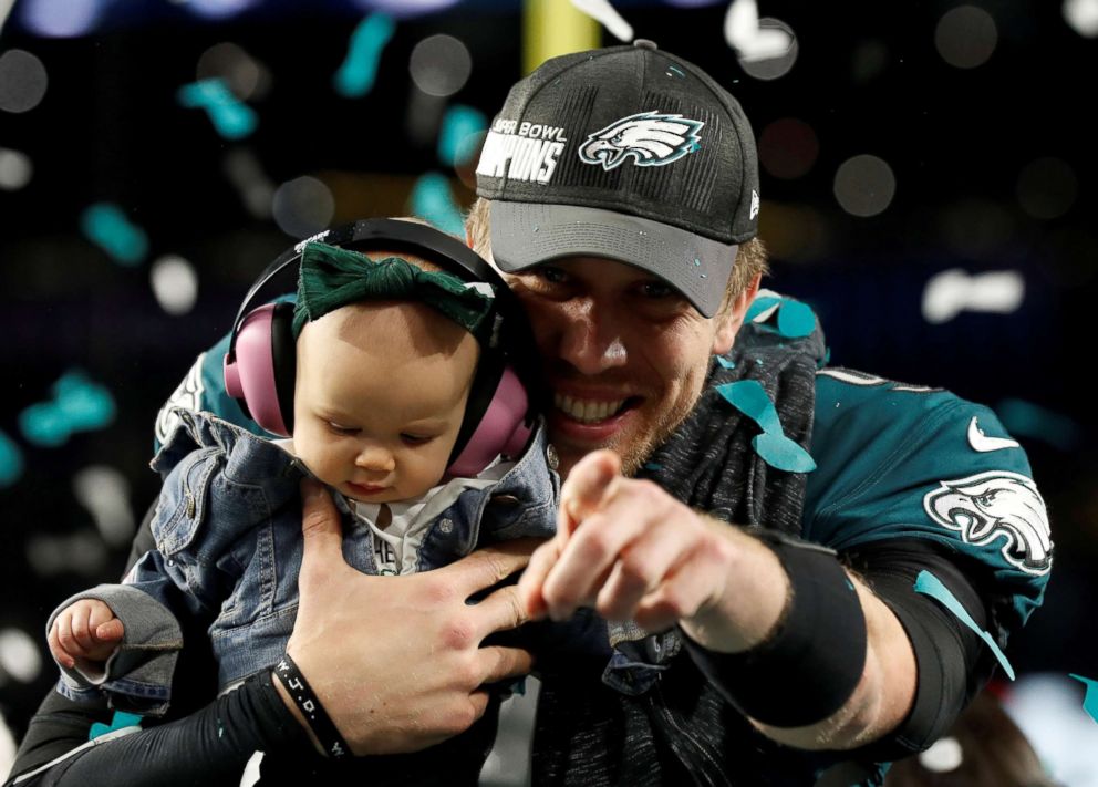 PHOTO: Philadelphia Eagles' Nick Foles celebrates with his daughter after winning Super Bowl LII at the U.S. Bank Stadium in Minneapolis, Feb. 4, 2018.