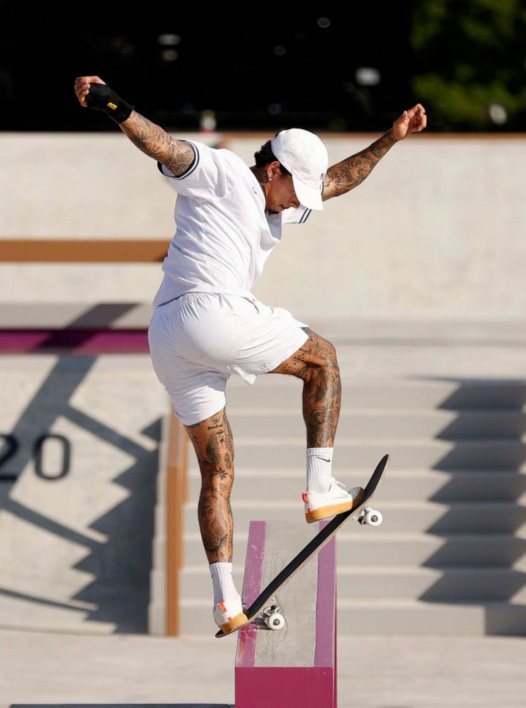 PHOTO: Nyjah Huston of the United States practices on the skateboard street course ahead of the Tokyo 2020 Olympic Games on July 21, 2021, in Tokyo. Skateboarding is one of new sports at the 2021 Olympics.