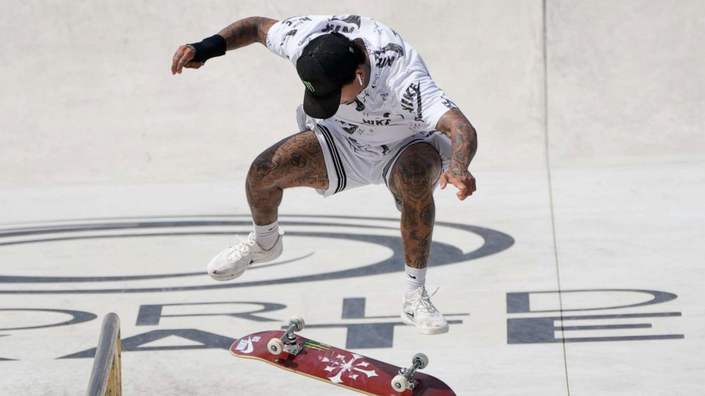 PHOTO: Nyjah Huston of the United States competes in the Street Skateboarding World Championships final, a qualifying event for Tokyo Olympic Games, in Rome, Sunday, June 6, 2021.