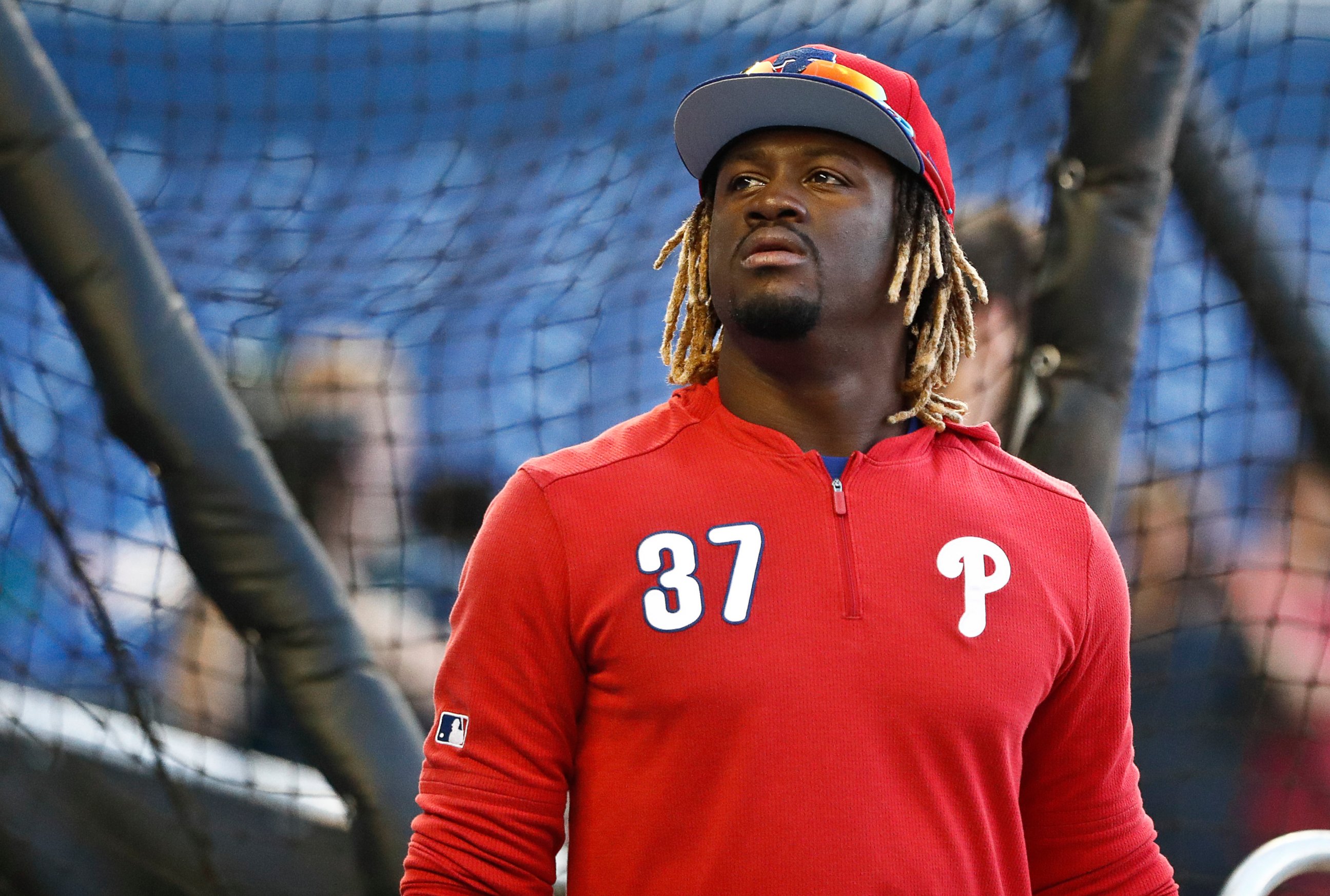 PHOTO: In this April 12, 2019, file photo, Philadelphia Phillies center fielder Odubel Herrera (37) practices before a baseball game against the Miami Marlins, in Miami.