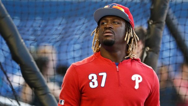 PHOTO: In this April 12, 2019, file photo, Philadelphia Phillies center fielder Odubel Herrera (37) practices before a baseball game against the Miami Marlins, in Miami.