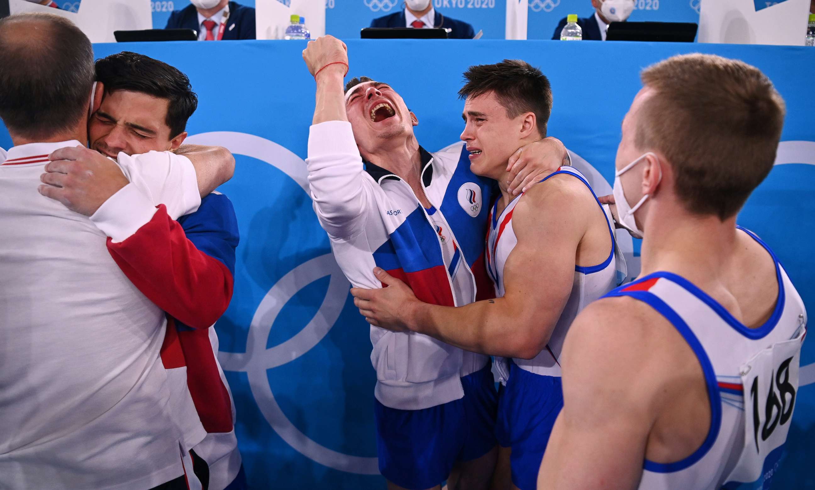 PHOTO: Members of the Russian men's gymnastics team celebrate winning the gold medal at the Tokyo Olympic Games, July 26, 2021, at the Ariake Gymnastics Centre in Tokyo.