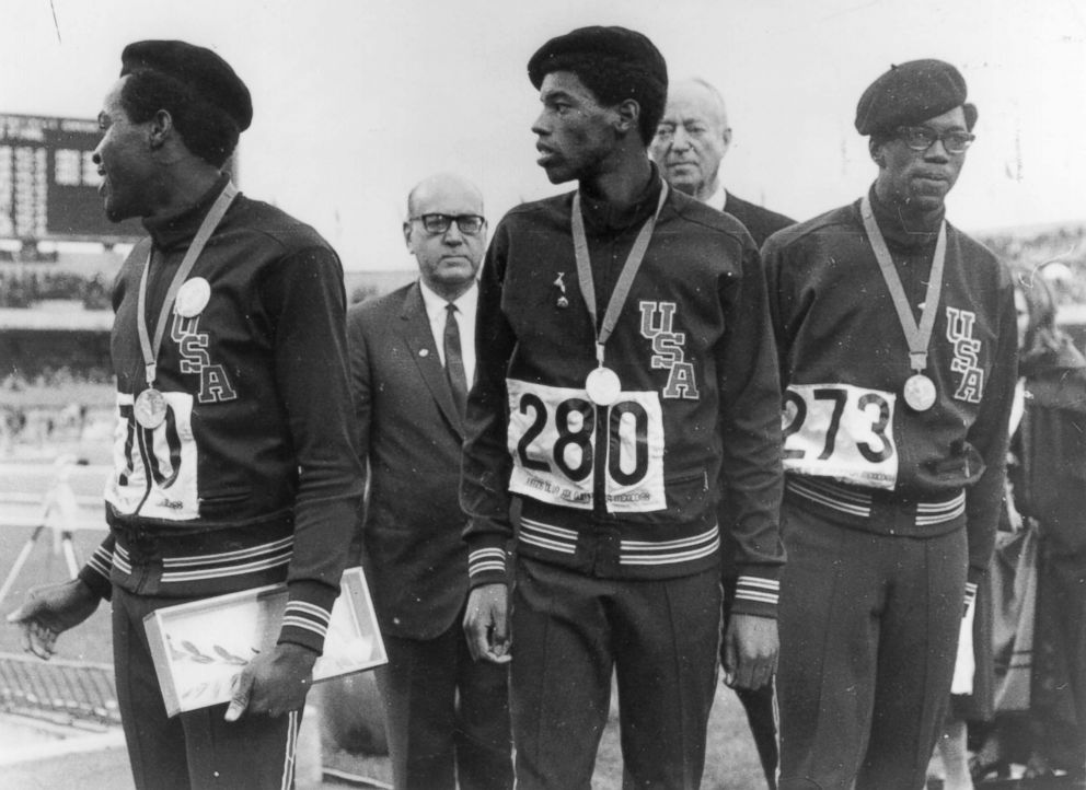 PHOTO: Olympic medal-winning athletes for the 400 meters (from left to right) Lee Evans (gold), Larry James (silver), and Ron Freeman (bronze), Oct. 22, 1968. 