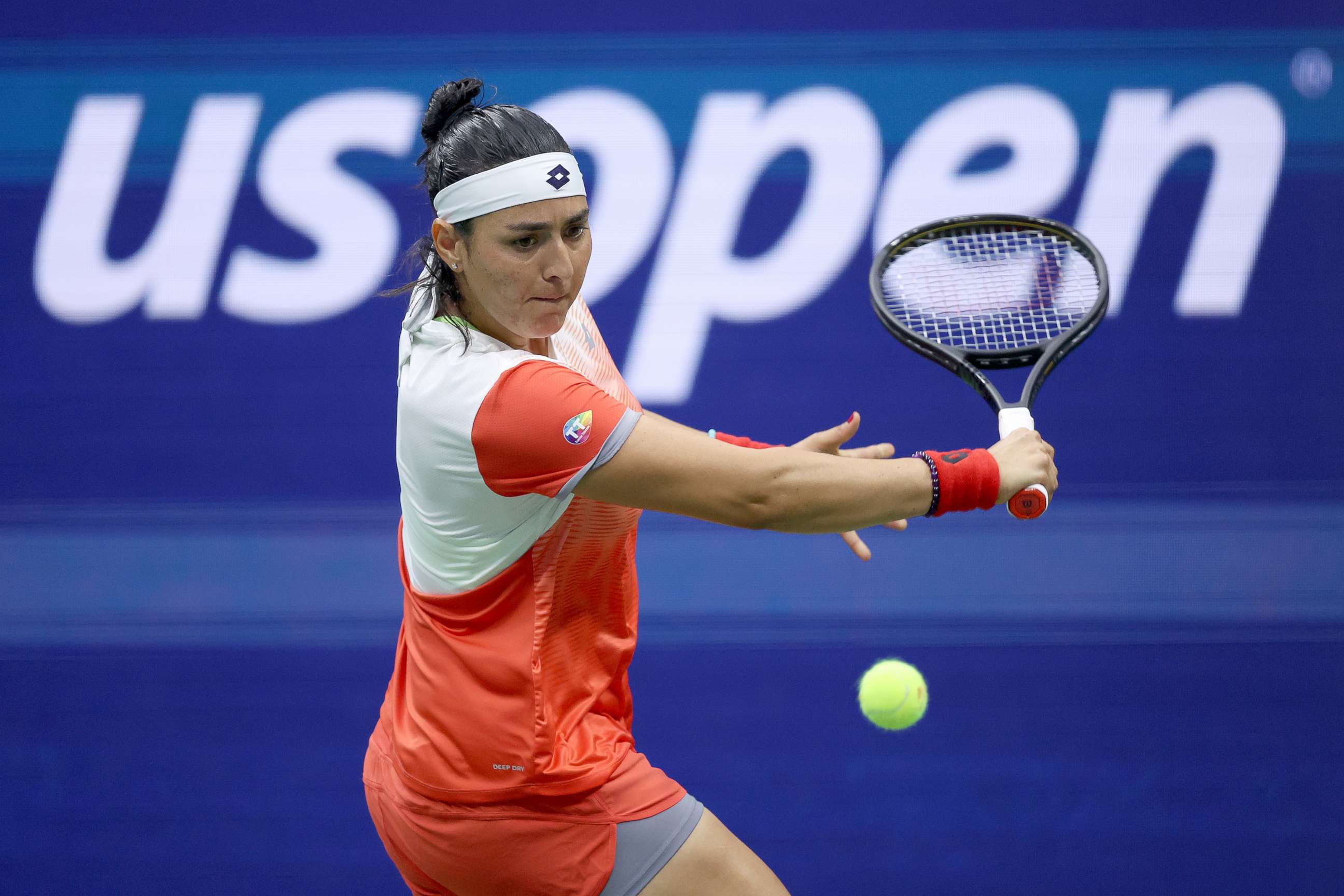 PHOTO: Ons Jabeur of Tunisia returns a shot against Ajla Tomlijanovic of Australia during their Women's Singles Quarterfinal match on Day Nine of the 2022 US Open at USTA Billie Jean King National Tennis Center on Sept. 6, 2022, in the Flushing, N.Y.
