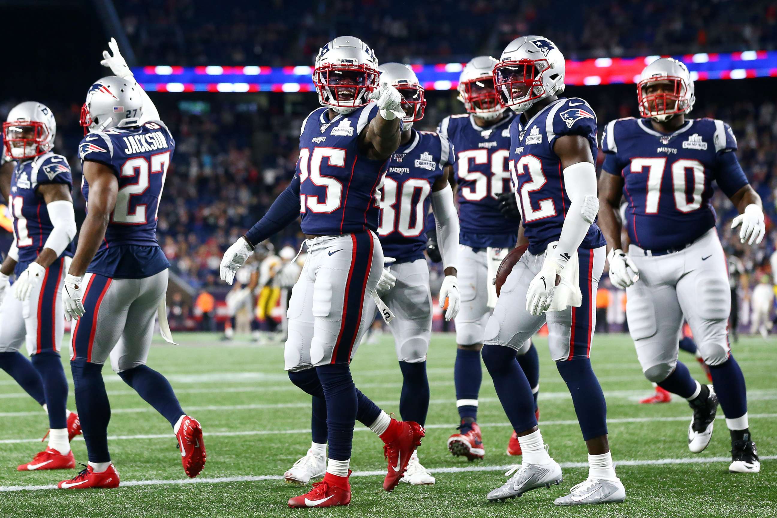 PHOTO: New England Patriots players celebrate during the fourth quarter against the Pittsburgh Steelers at Gillette Stadium, Sept. 8, 2019, in Foxborough, Massachusetts.
