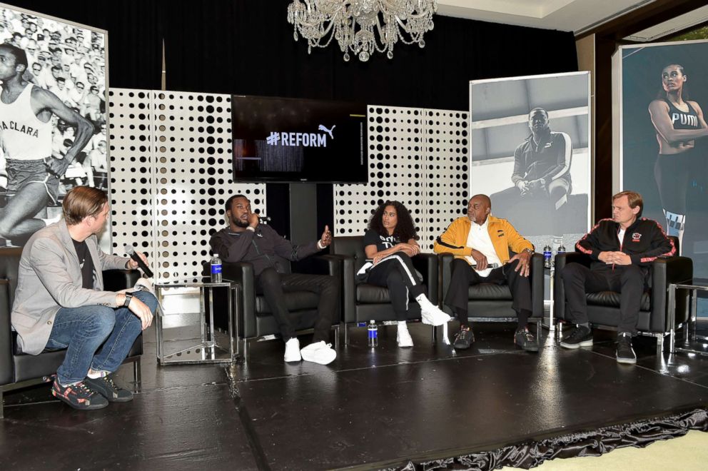 PHOTO: Adam Petrick, Meek Mill, Skylar Diggins-Smith, Tommie Smith and Bjorn Gulden attend the PUMA #Reform To Drive Social Change launch at Atlanta History Center, Oct. 6, 2018, in Atlanta.