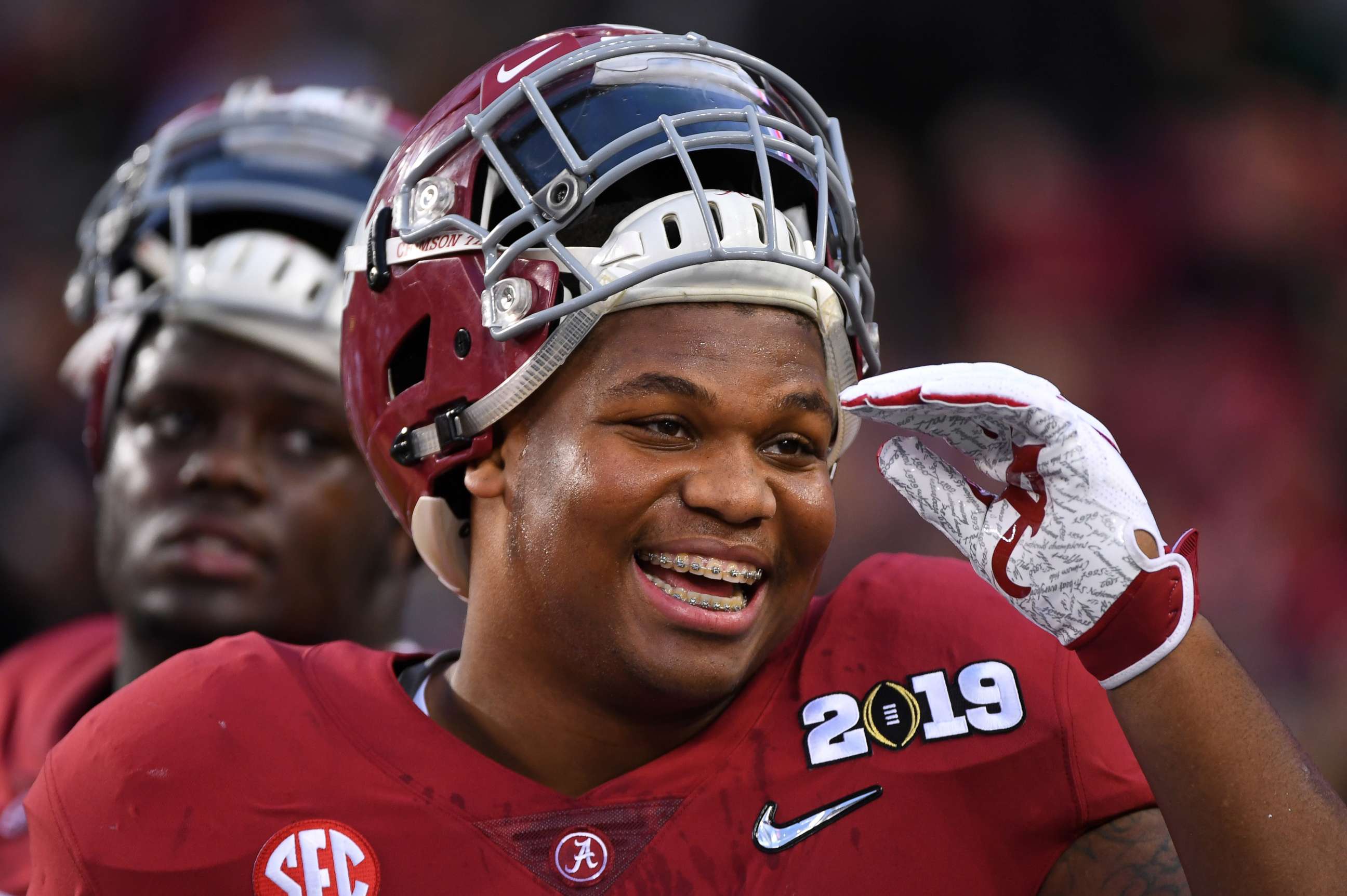 PHOTO: Quinnen Williams of the Alabama Crimson Tide smiles before taking on the Clemson Tigers during the College Football Playoff National Championship held at Levi's Stadium on Jan. 7, 2019 in Santa Clara, Calif.