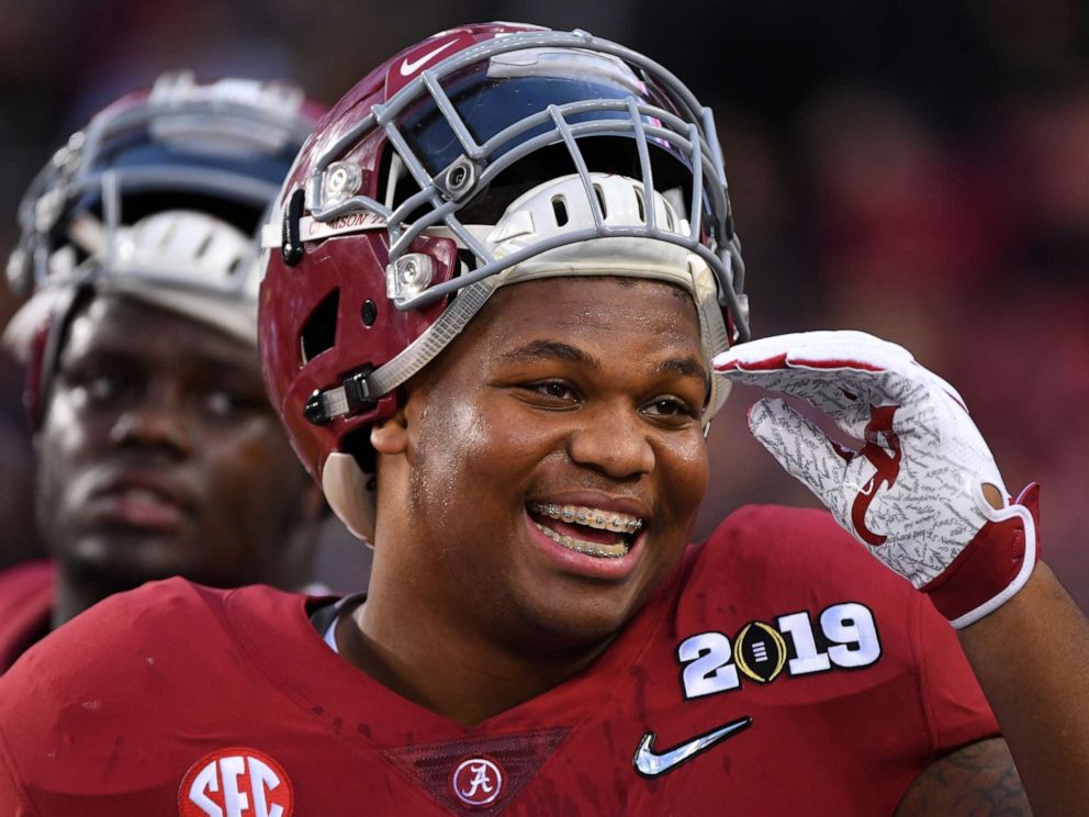 PHOTO: Quinnen Williams of the Alabama Crimson Tide smiles before taking on the Clemson Tigers during the College Football Playoff National Championship held at Levis Stadium on Jan. 7, 2019 in Santa Clara, Calif.