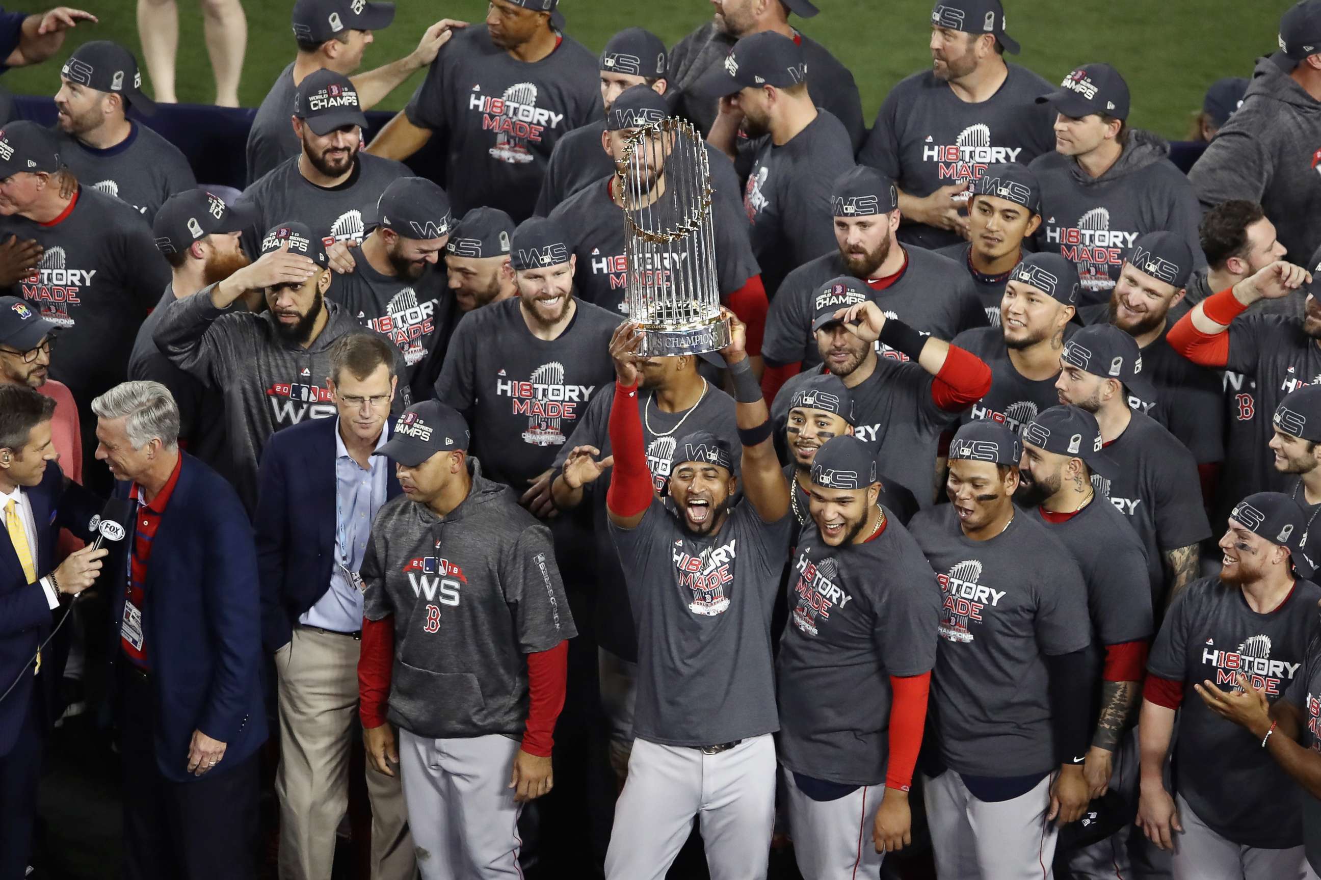 PHOTO: The Boston Red Sox celebrate their 5-1 win over the Los Angeles Dodgers in Game Five to win the 2018 World Series at Dodger Stadium on Oct. 28, 2018 in Los Angeles.
