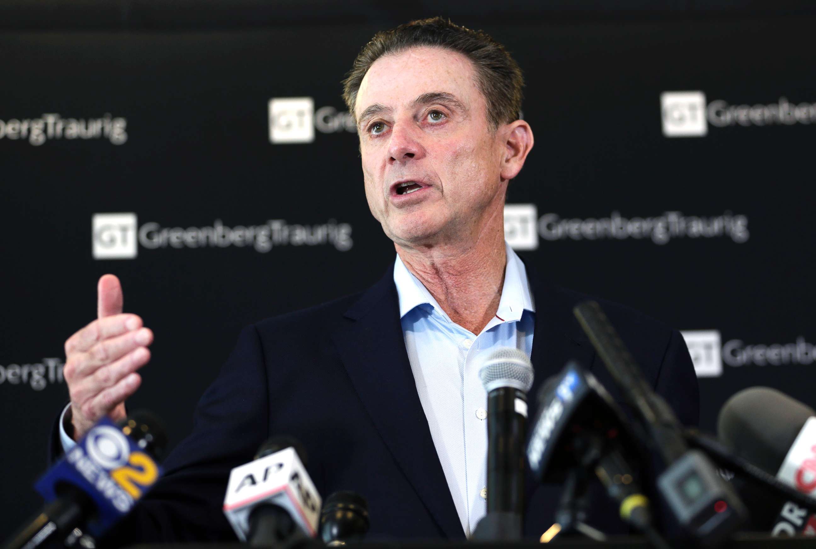 PHOTO: In this Feb. 21, 2018, file photo, former Louisville basketball coach Rick Pitino appears during a news conference in New York.