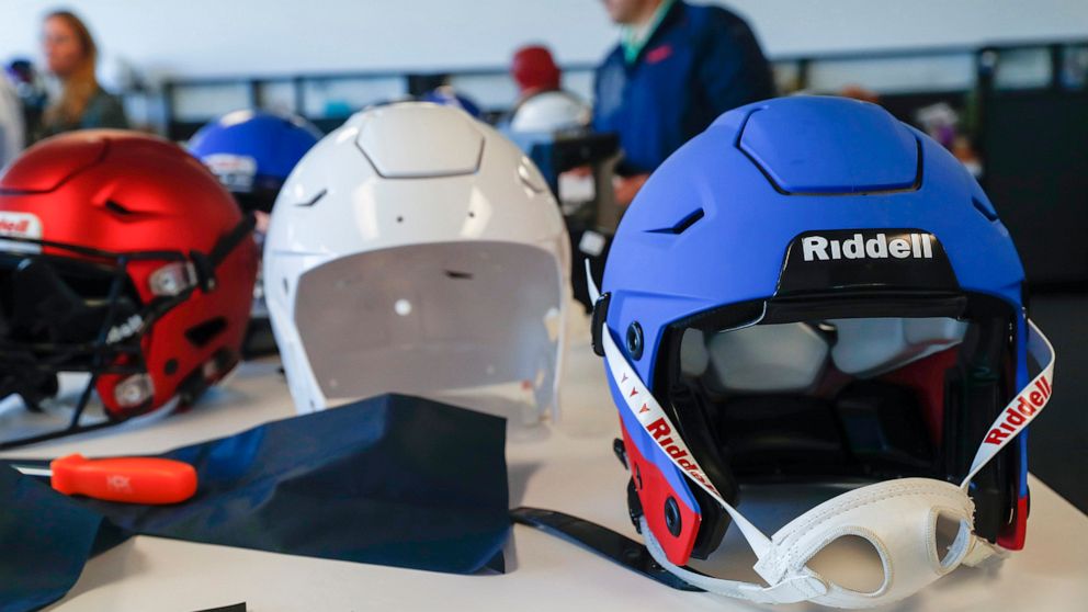PHOTO: Riddell helmets in the research and development area at Riddell headquarters on October 5, 2017, in Des Plaines, Ill.
