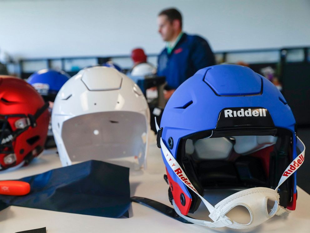 PHOTO: Riddell helmets in the research and development area at Riddell headquarters on October 5, 2017, in Des Plaines, Ill.