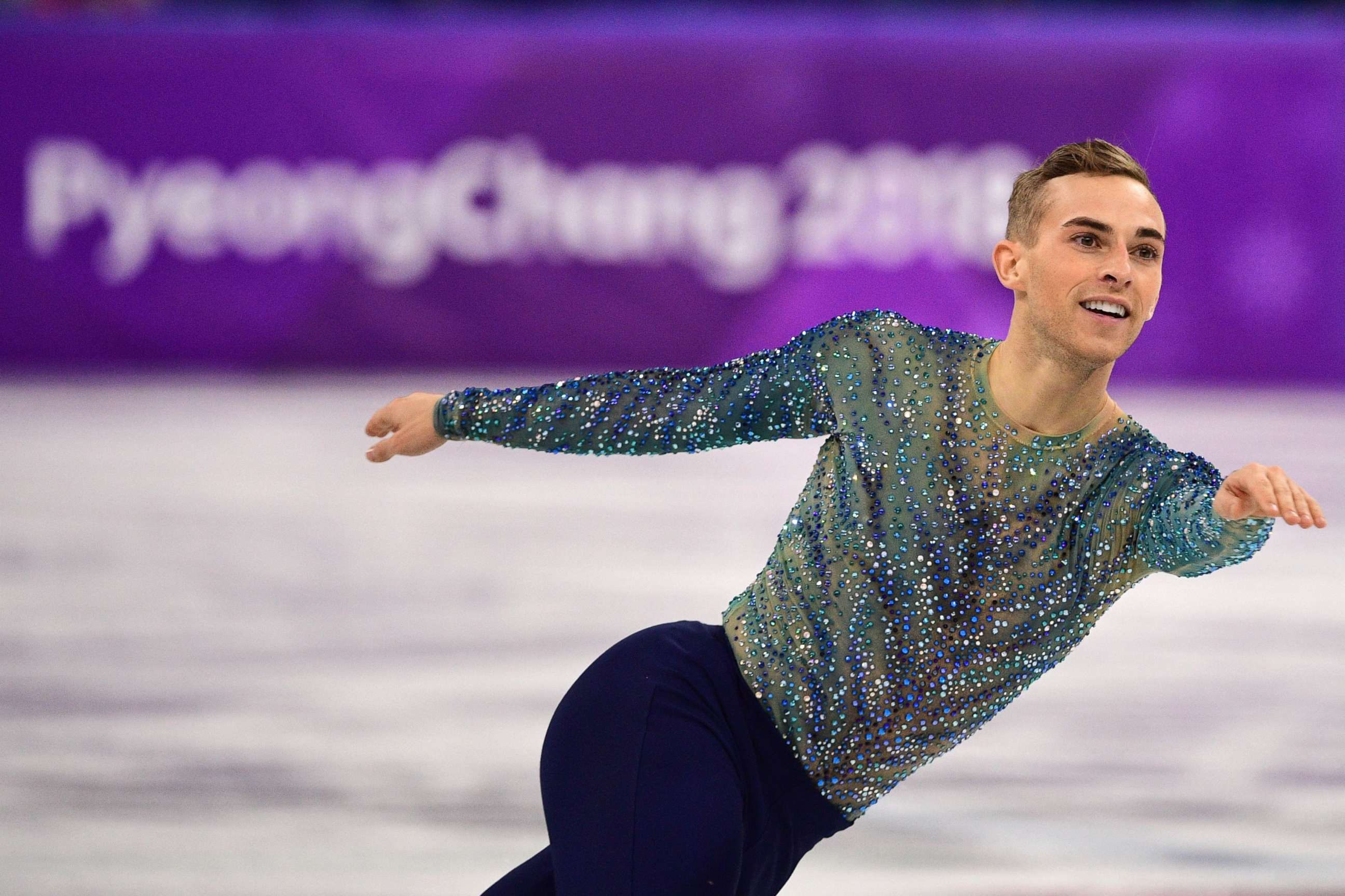 PHOTO: Adam Rippon competes in the men's single skating free skating of the figure skating event during the Pyeongchang 2018 Winter Olympic Games at the Gangneung Ice Arena in Gangneung, Feb. 17, 2018.