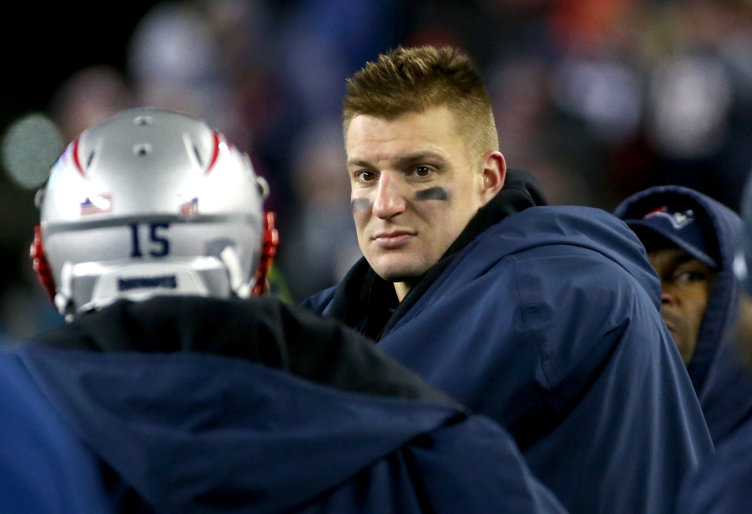 PHOTO: Rob Gronkowski of the New England Patriots looks on in the AFC Divisional Playoff game against the Tennessee Titans  at Gillette Stadium on Jan. 13, 2018 in Foxborough, Mass.