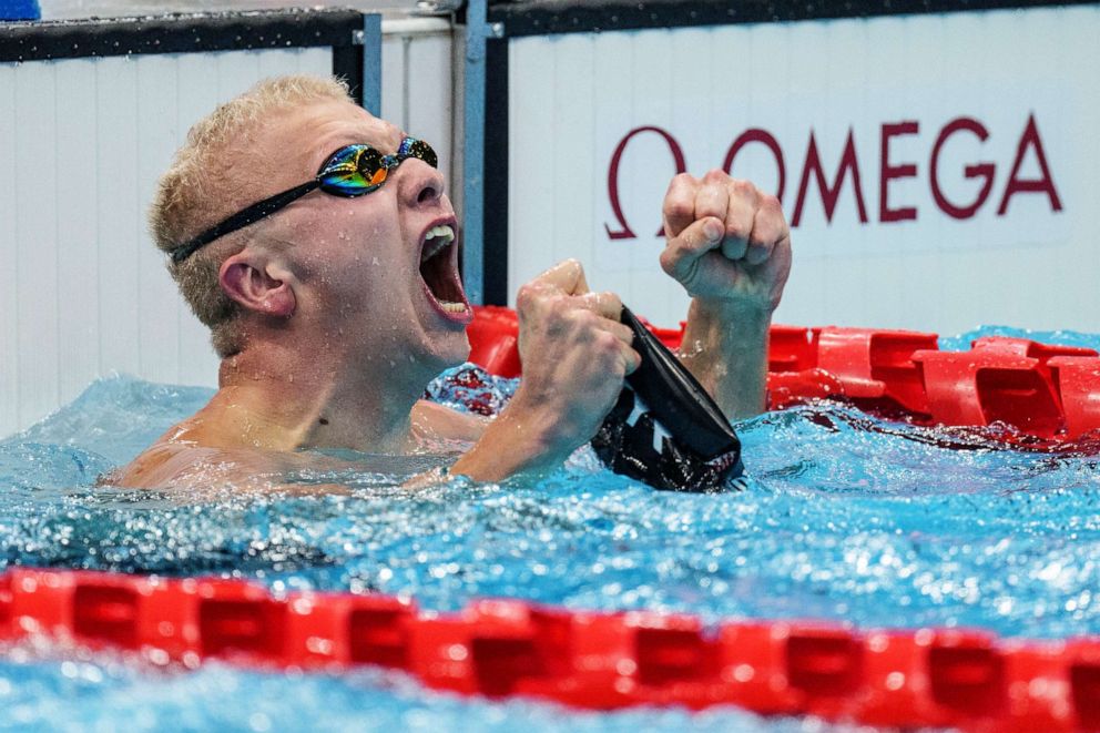 PHOTO: Robert Griswold of the U.S. celebrates after winning the men's 100-meter backstroke - S8 swimming final at the Tokyo 2020 Paralympic Games in Tokyo Friday, Aug. 27, 2021.