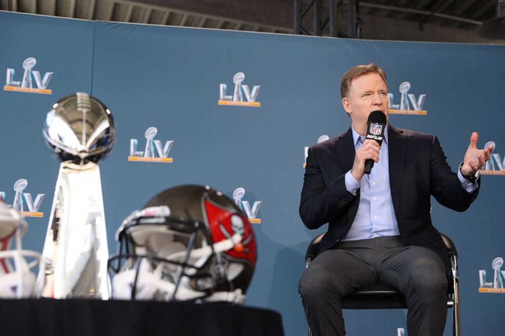 PHOTO: NFL Commissioner Roger Goodell speaks at a press conference ahead of Super Bowl LV, Feb. 4, 2021, in Tampa, Fla.