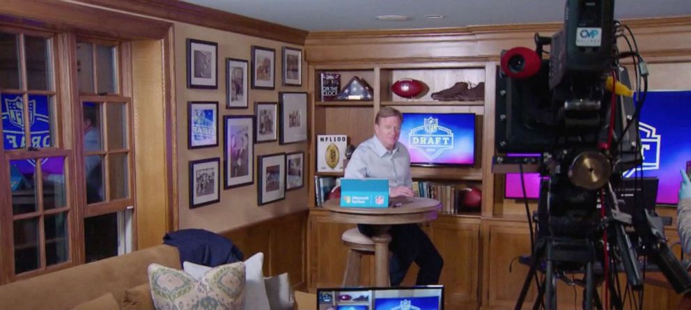 PHOTO: Roger Goodell sits in his basement ahead of the virtual 2020 NFL Draft. 