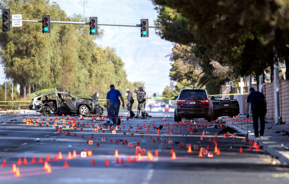 PHOTO: Las Vegas Metro Police investigators work at the scene of a fatal crash on South Rainbow Boulevard between Tropicana Avenue and Flamingo Road in Las Vegas Tuesday, Nov. 2, 2021.